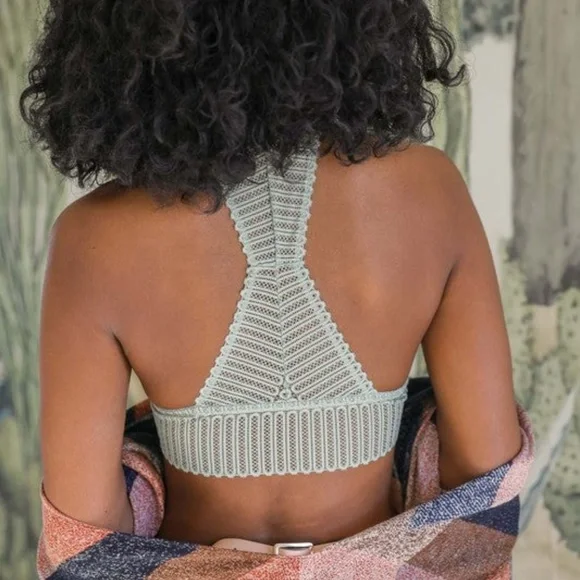 SOLD OUT Sage Ribbed Lace Boho Racerback Triangle Bralette Womens - Picture 3 of 4